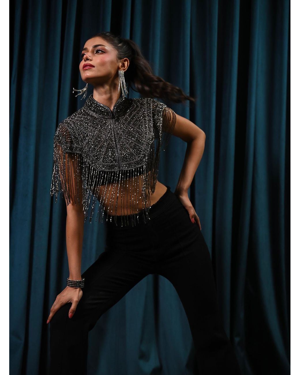 Rose & Nancy Black Bonnie Hand Embellished Fringe Cape Top