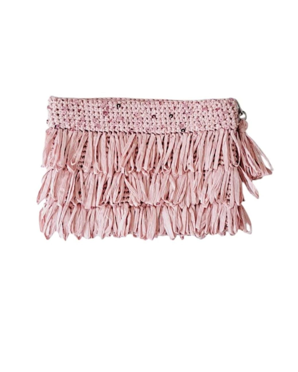 Springmoonatelier Pink Luxury Star Powder Sequin And Tassel Handmade Raffia Clutch Bag