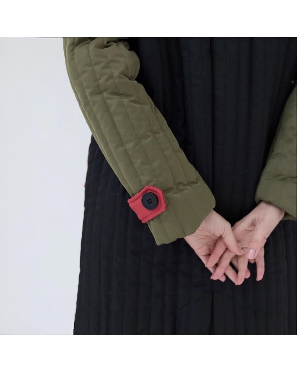 London Atelier Byproduct Pink Neutrals Khaki Patchwork Color Block Quilted Long Jacket