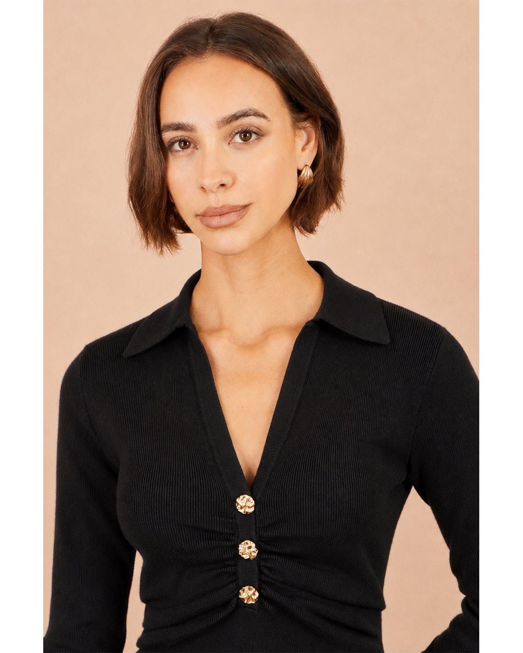 Yumi' Black Knitted Ruched Collar Dress