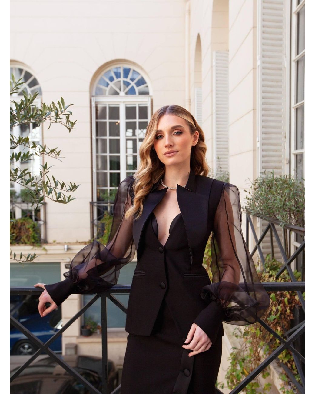 Tia Dorraine Black Femme Fatale Tailored Blazer With Organza Sleeves & Skirt Set