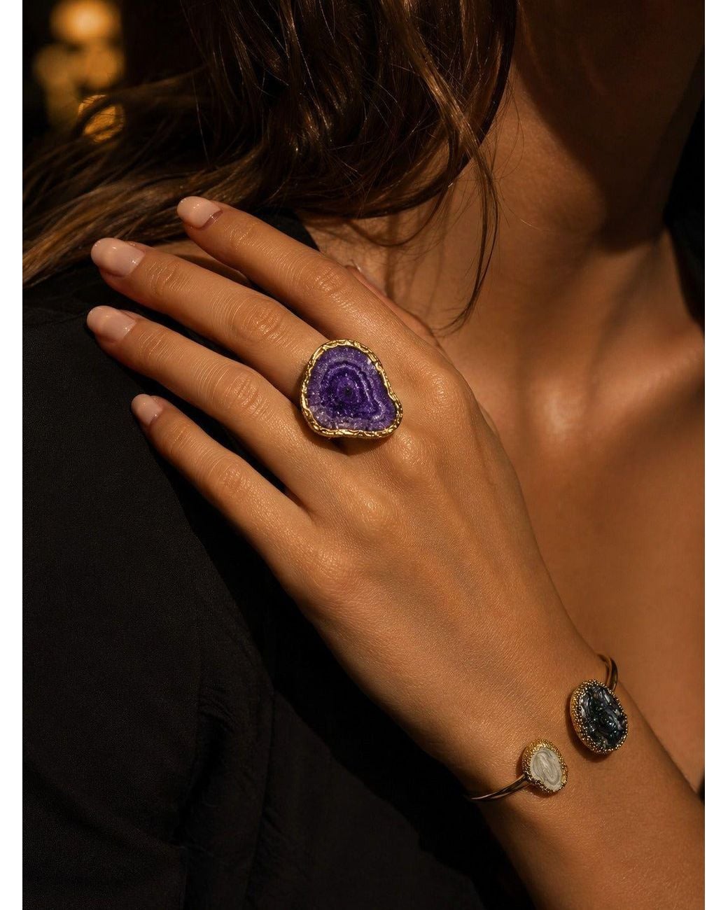 By Ozge Blue Amethyst Druzy Plated Adjustable Ring