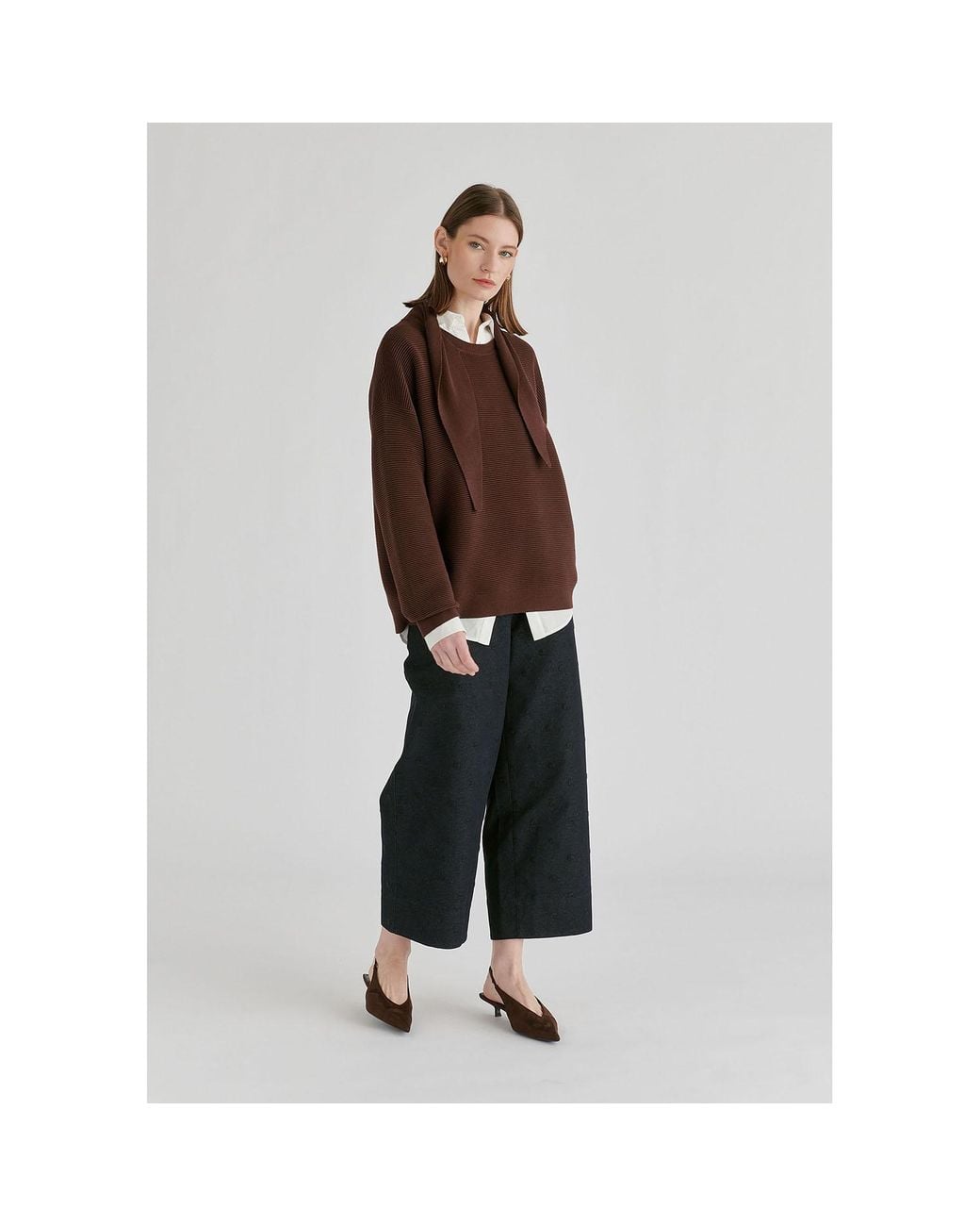 Paisie Brown Ribbed Jumper With Attached Scarf Tie