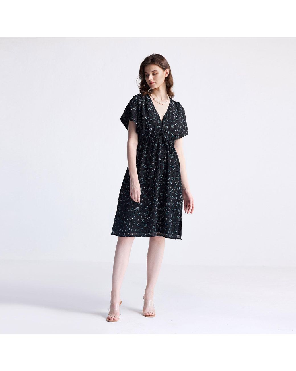 REISTOR Blue Gathered Knee-Length Dress