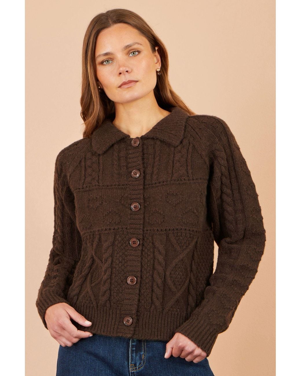 Yumi' Brown Cable Knit Boxy Jacket