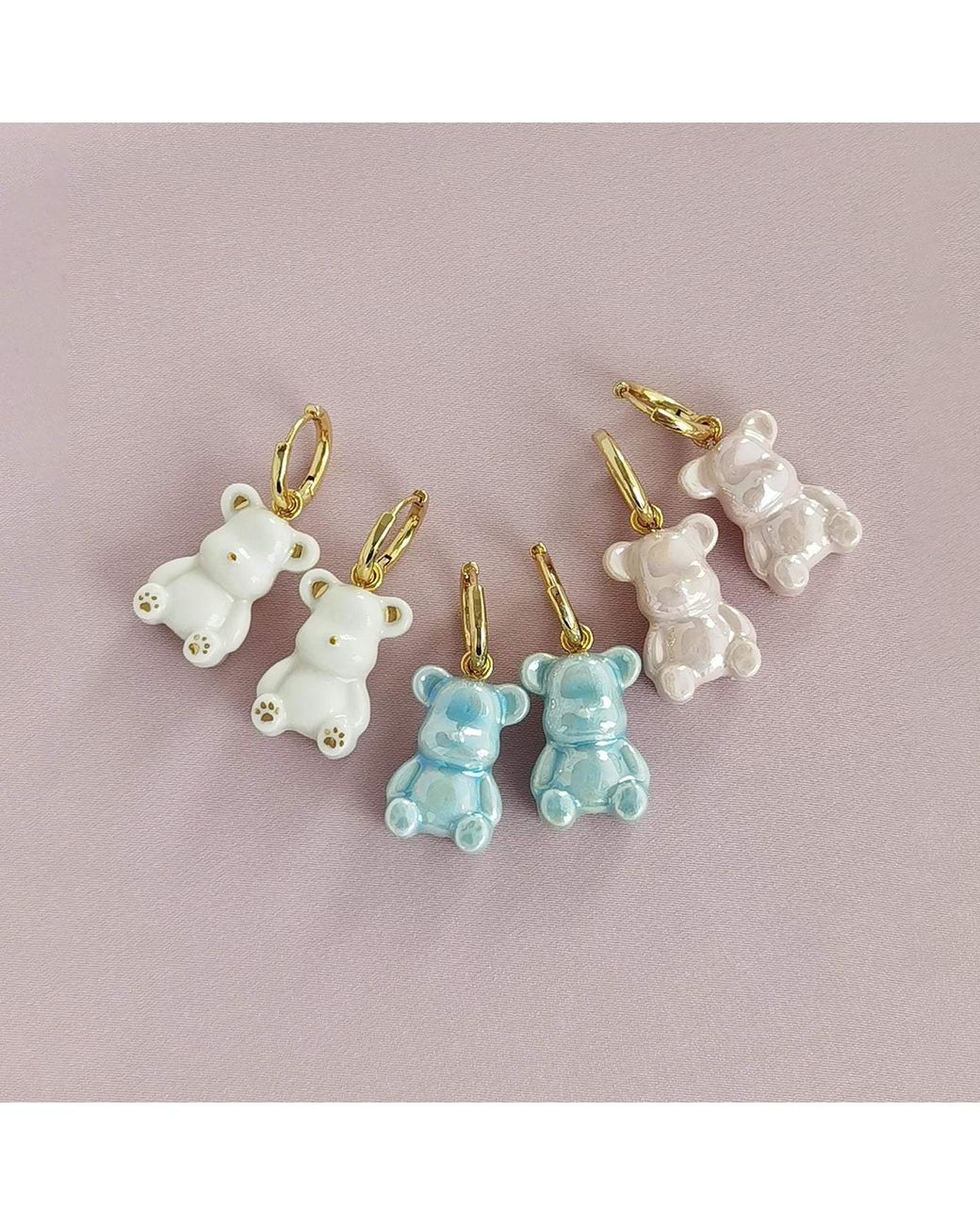 POPORCELAIN Pink Sweet Porcelain Teddy Bear Earrings, Tone