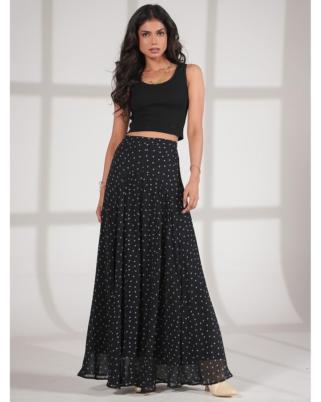 Rose & Nancy Black Elsie Spot Midaxi Skirt
