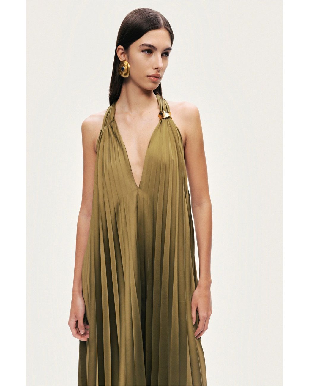 Nocturne Green Neutrals Pleated Halter Maxi Dress
