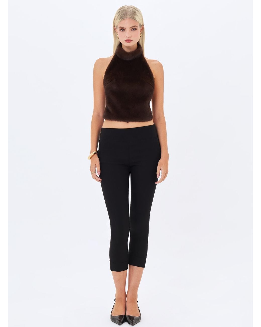 Miss Circle New York Black Xeriah Espresso Faux Mink Fur Backless Halter Top