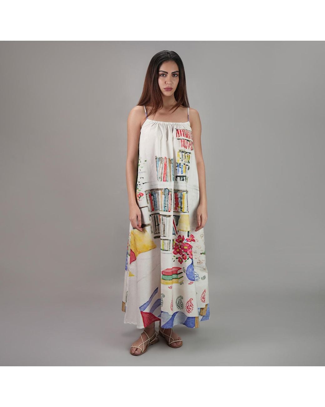 DHARA SHETH DUBAI White Abode Artistic Bookshelf Printed Spaghetti Strap Maxi Dress