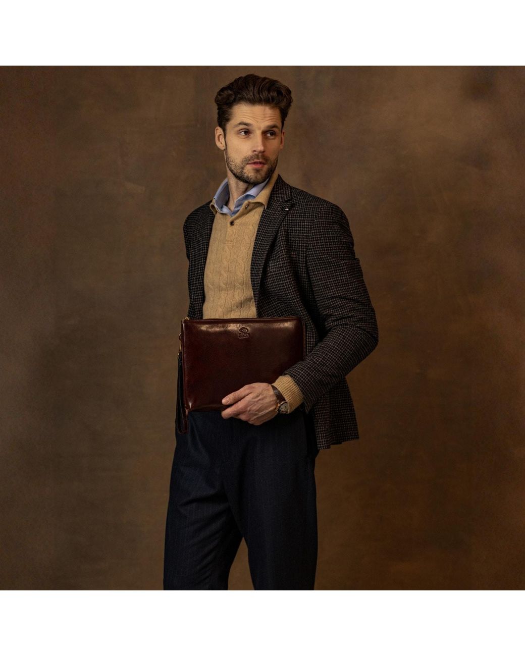 Time Resistance Brown Leather Clutch Purse for men