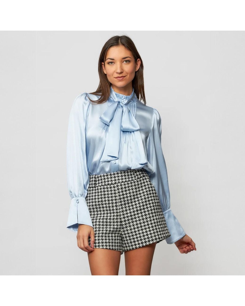 Solgo Atelier Blue Phaius Bow Tie Silk Charmeuse Blouse