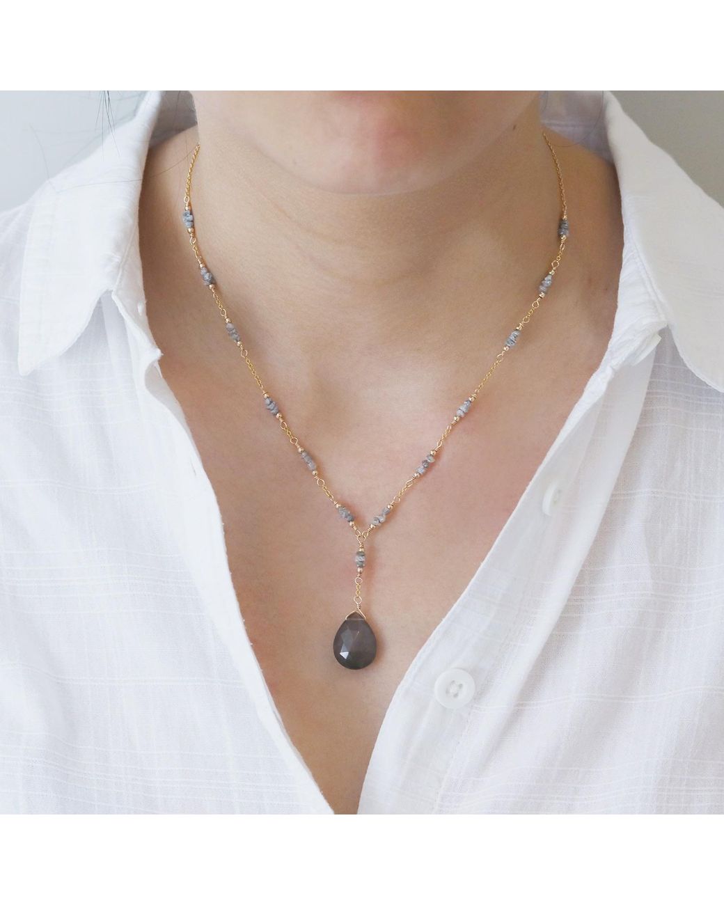 MOUNIR LONDON Metallic Grey Moonstone Drop Necklace