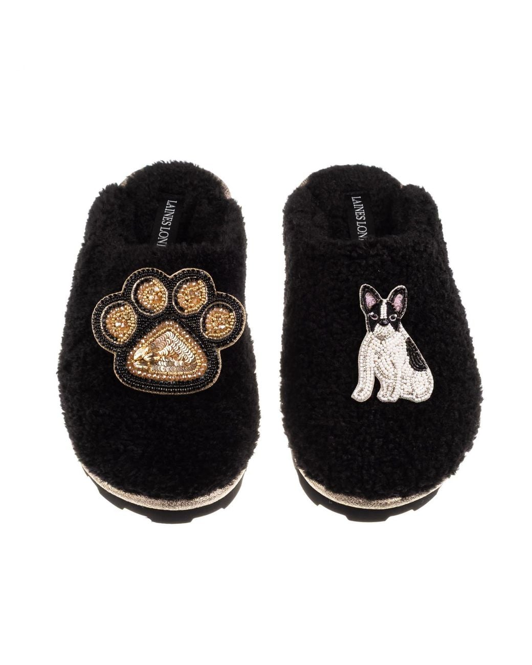 Laines London Black Teddy Closed Toe Slippers With Paw & & Sitting French Bulldog Brooch