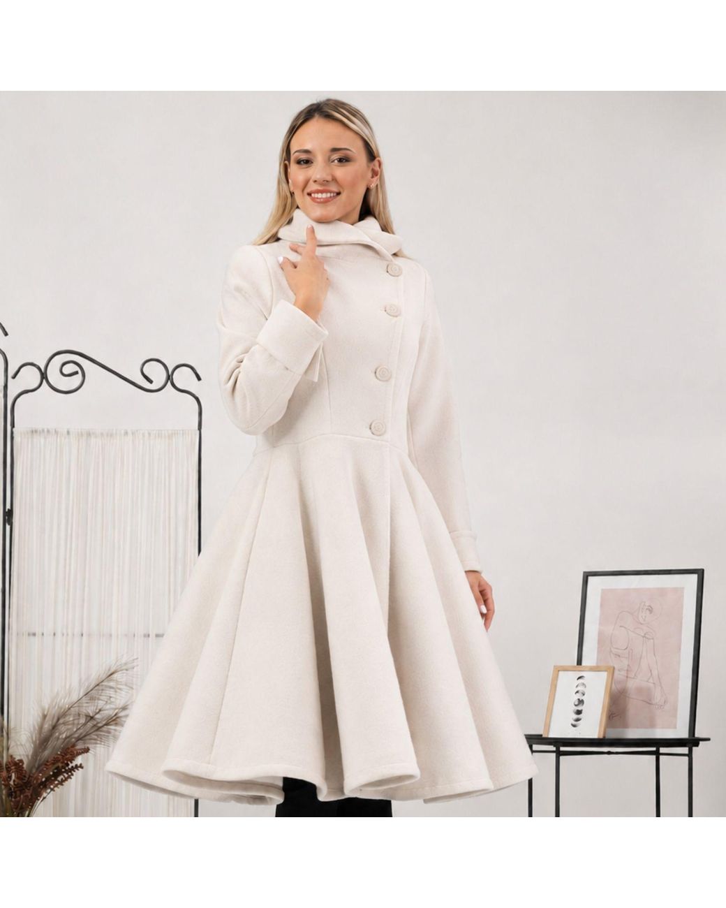 Nikka Place Natural Flared Wool Winter Coat With Buttons