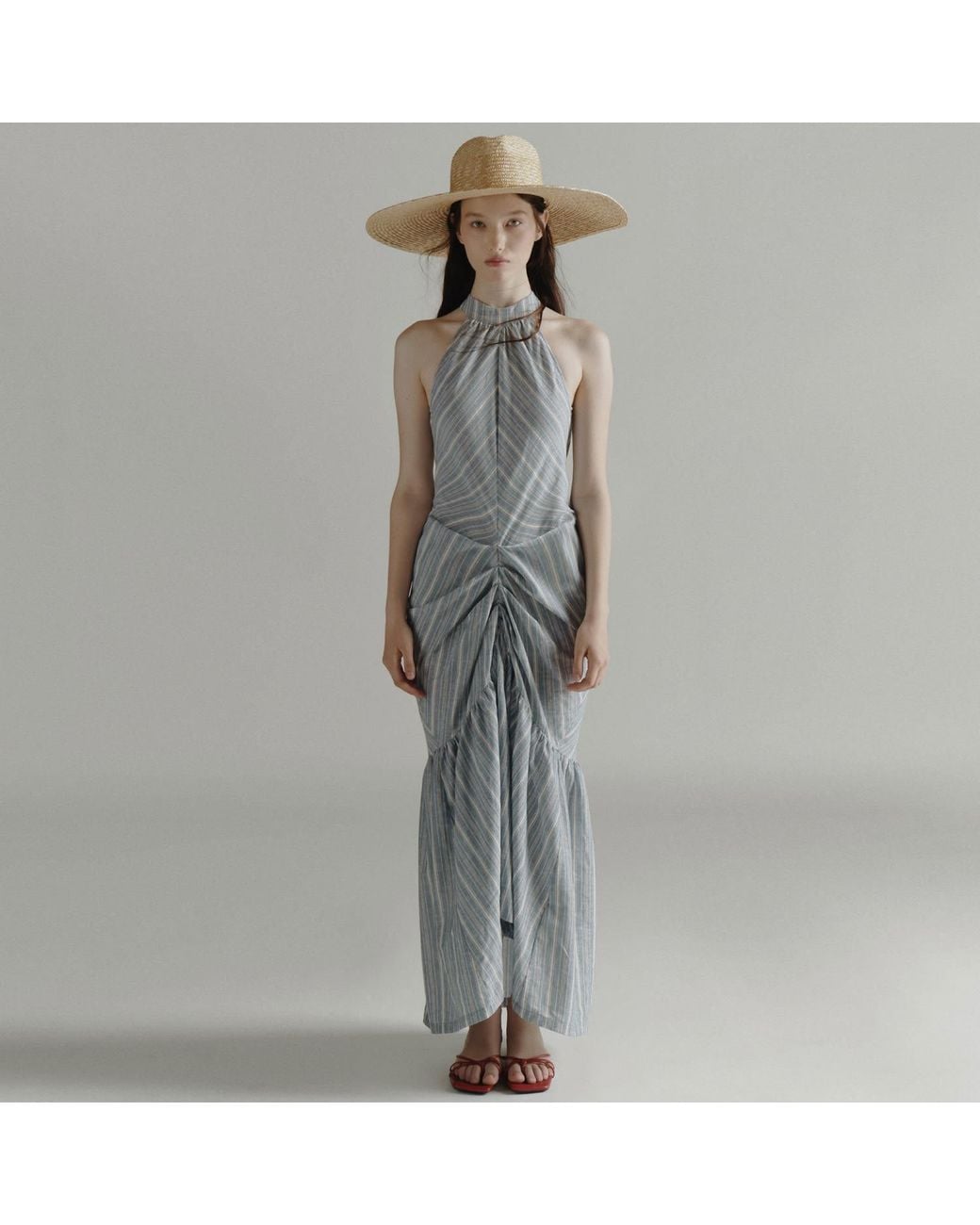 Belsize25 Blue Striped Halterneck Ruched Maxi Dress