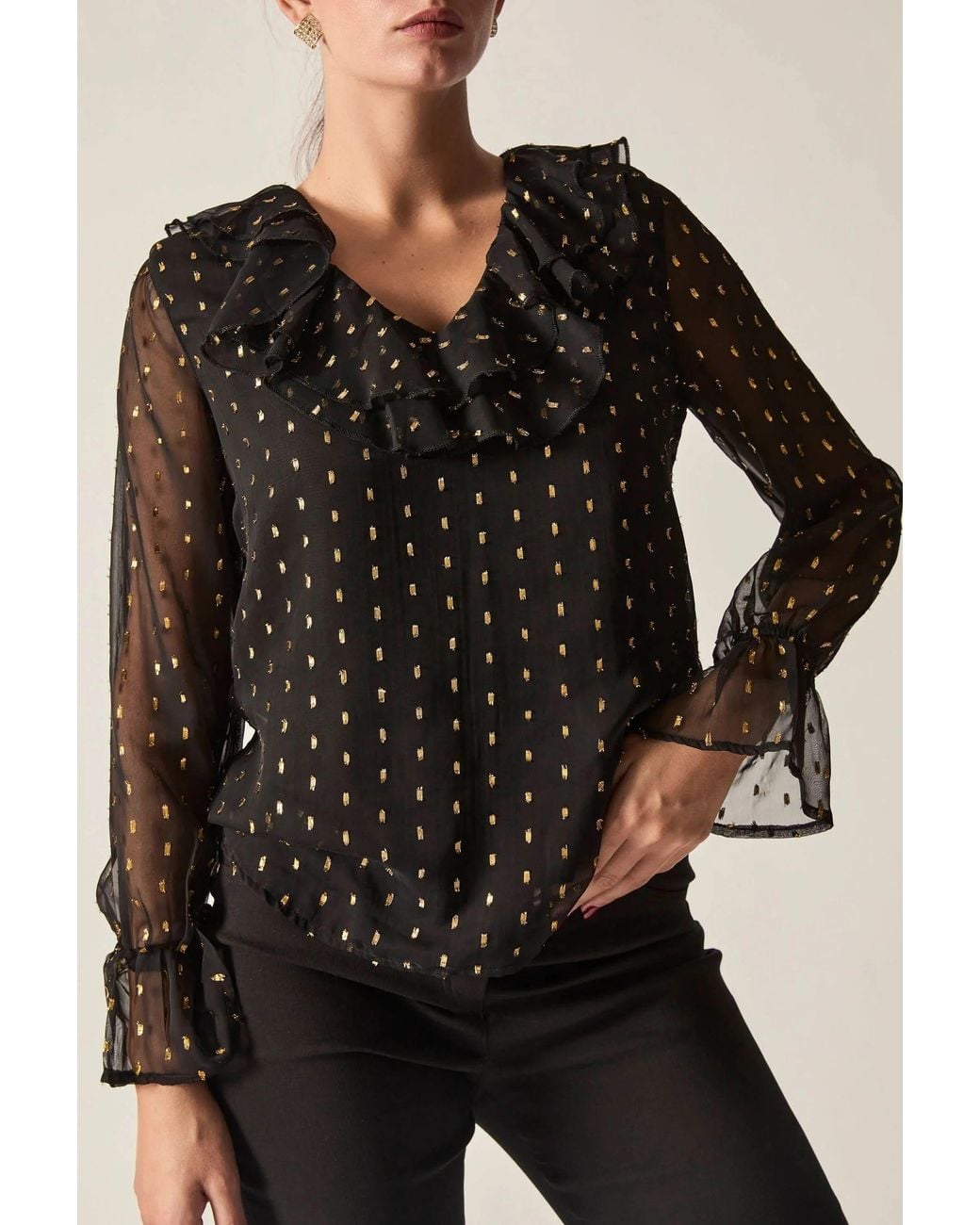 James Lakeland Black Metallic Ruffle Blouse
