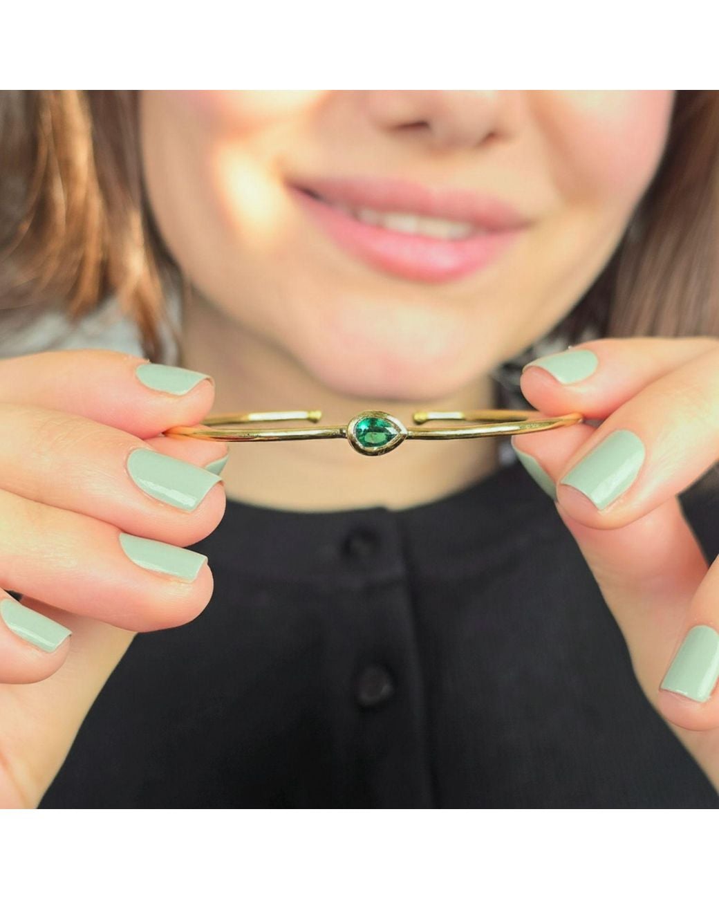 Harfi Metallic Plated Minimalist Emerald May Birthstone Bangle
