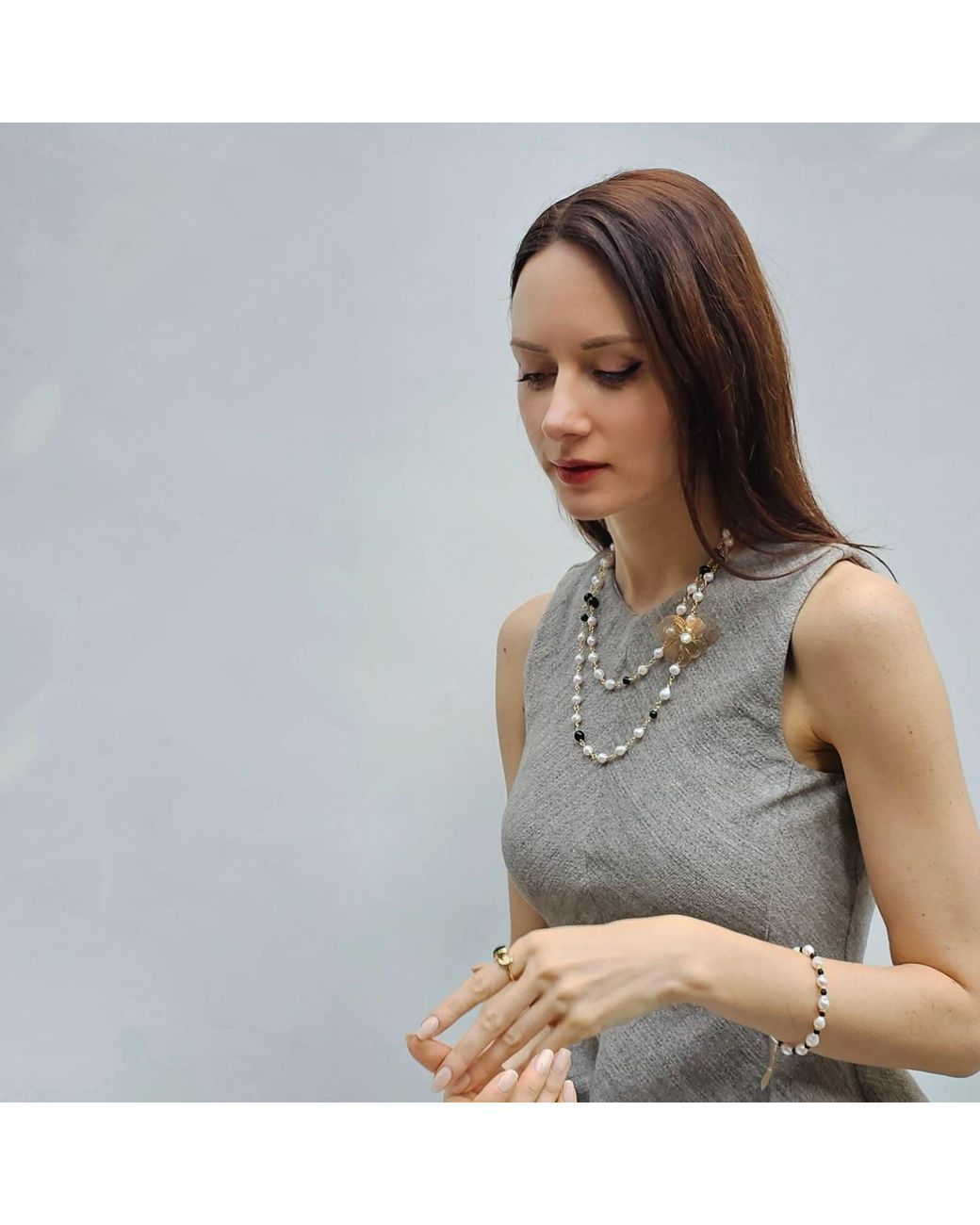 Farra White Freshwater Pearls And Obsidian With Flower Charm Long Necklace
