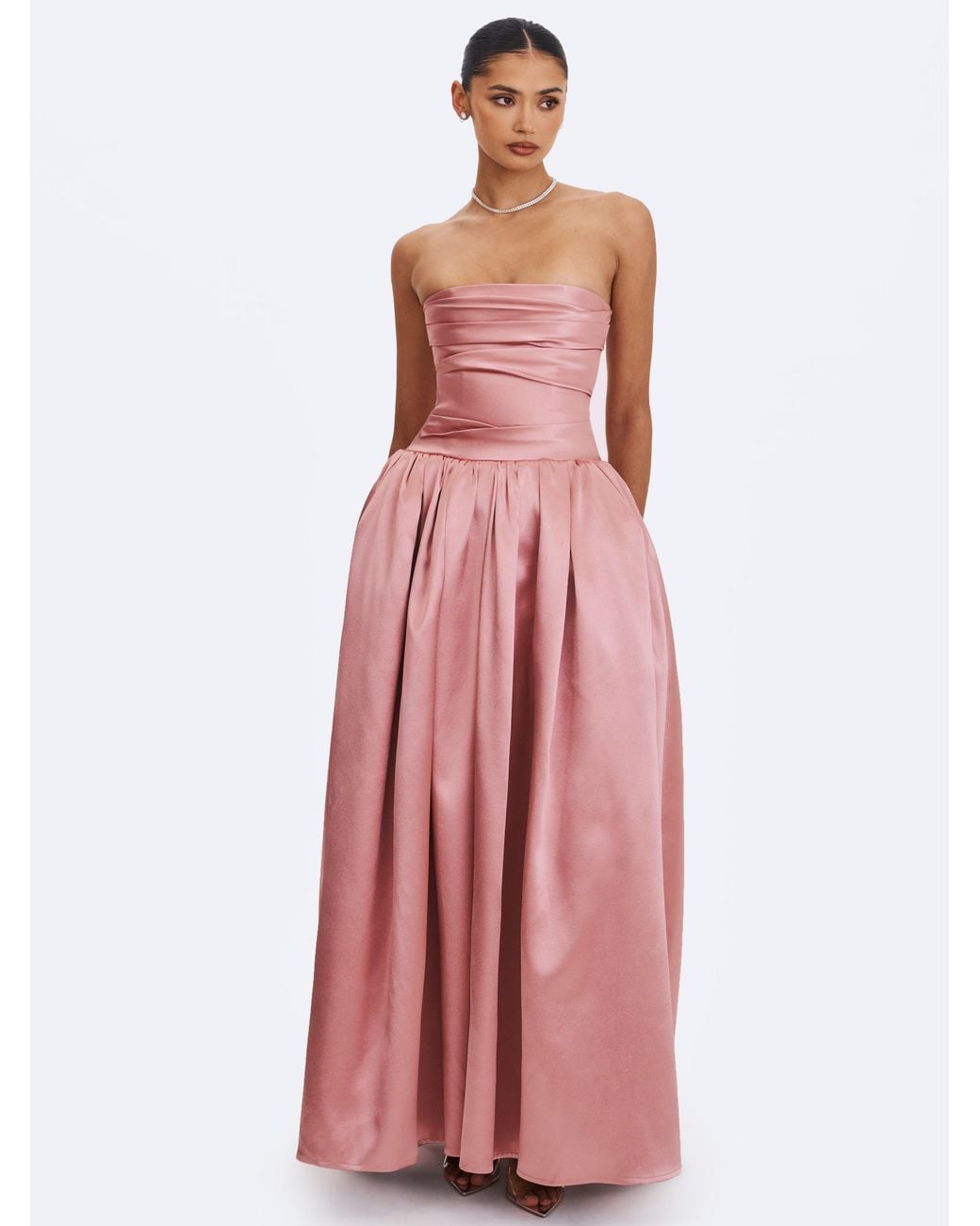 Miss Circle New York Pink Willette Deep Rose Satin Strapless Gathered Maxi Dress