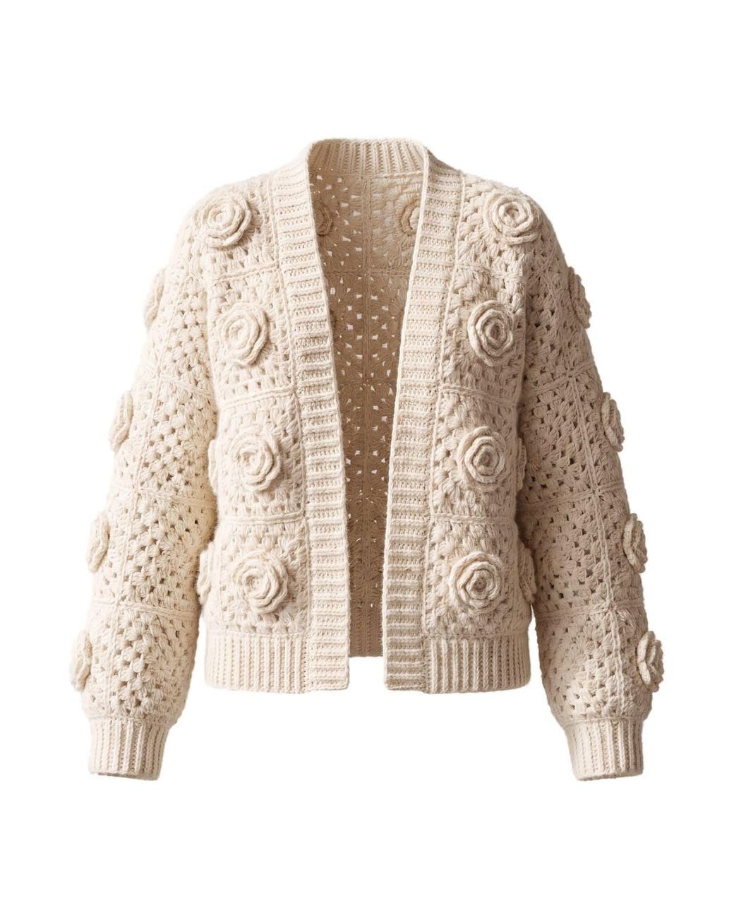 Ana Chic Natural Neutrals Crochet Rose Handmade Knitted Cardigan