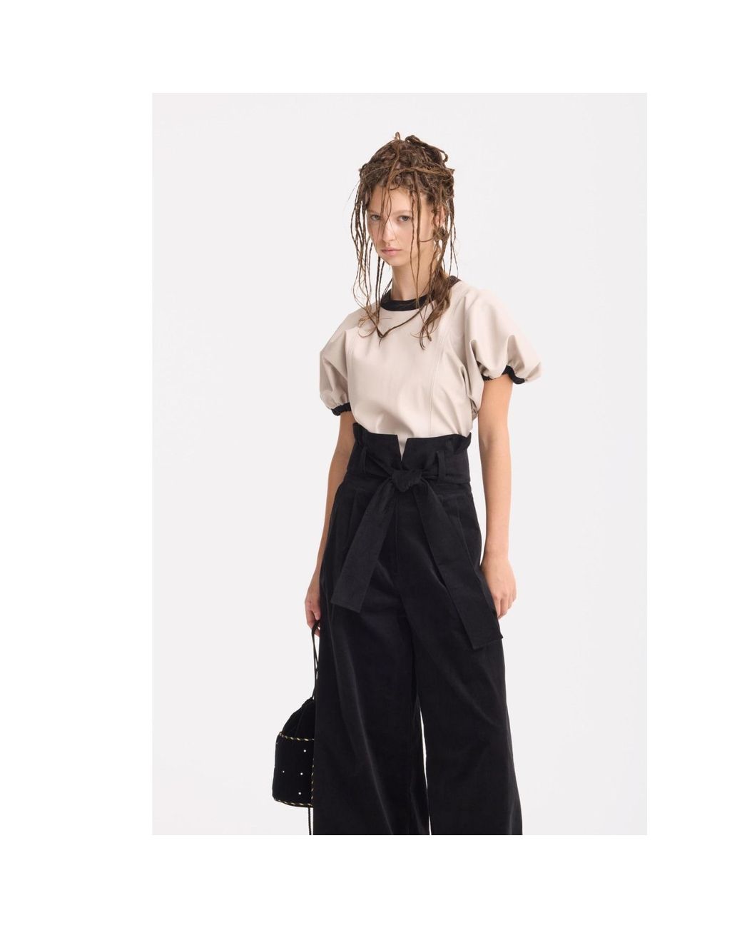 Julia Allert Multicolor Neutrals Puff Sleeve Faux Leather Top –
