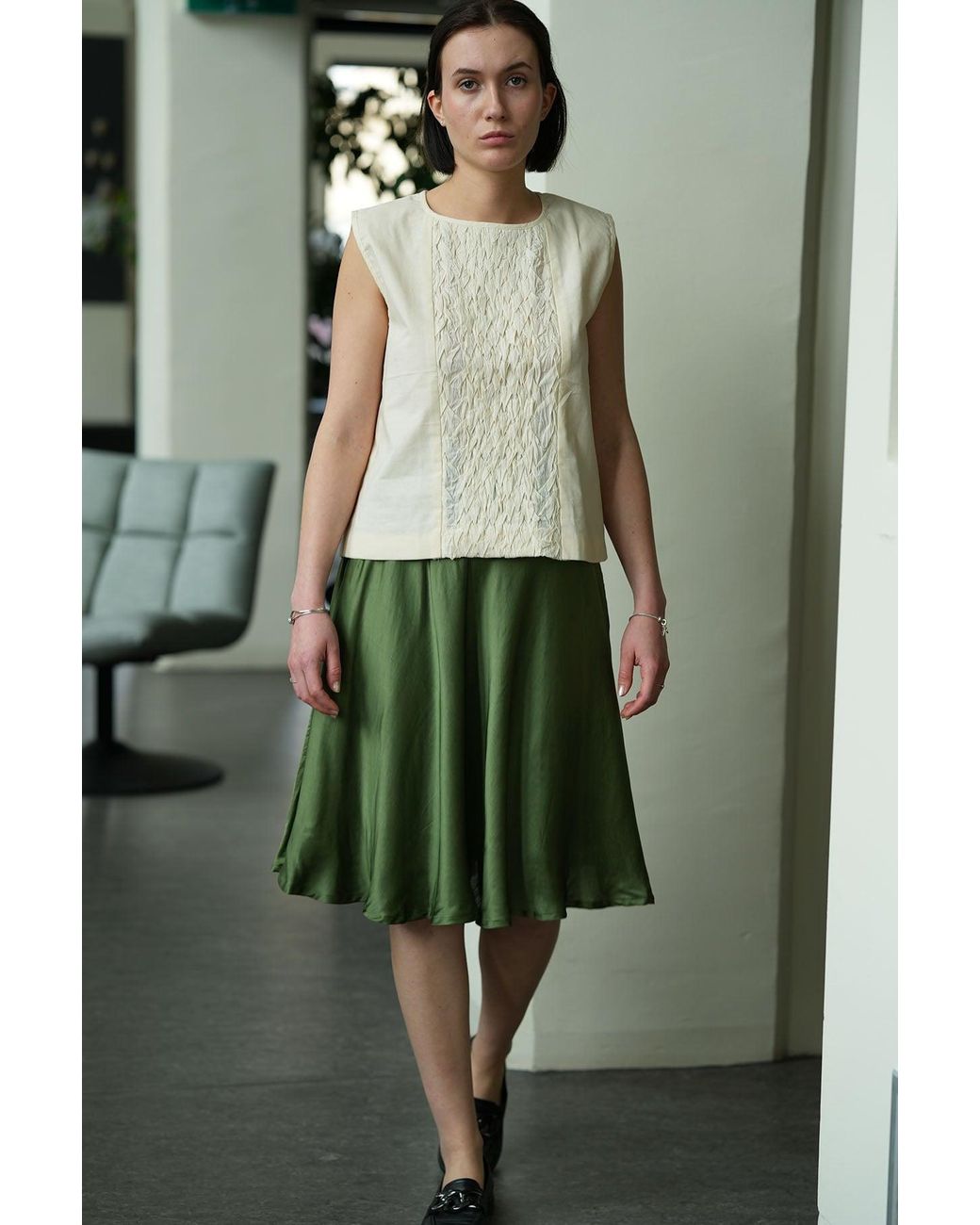 Stovaria Green Hand-Stitched Cotton Panel Statement Sleeveless Top
