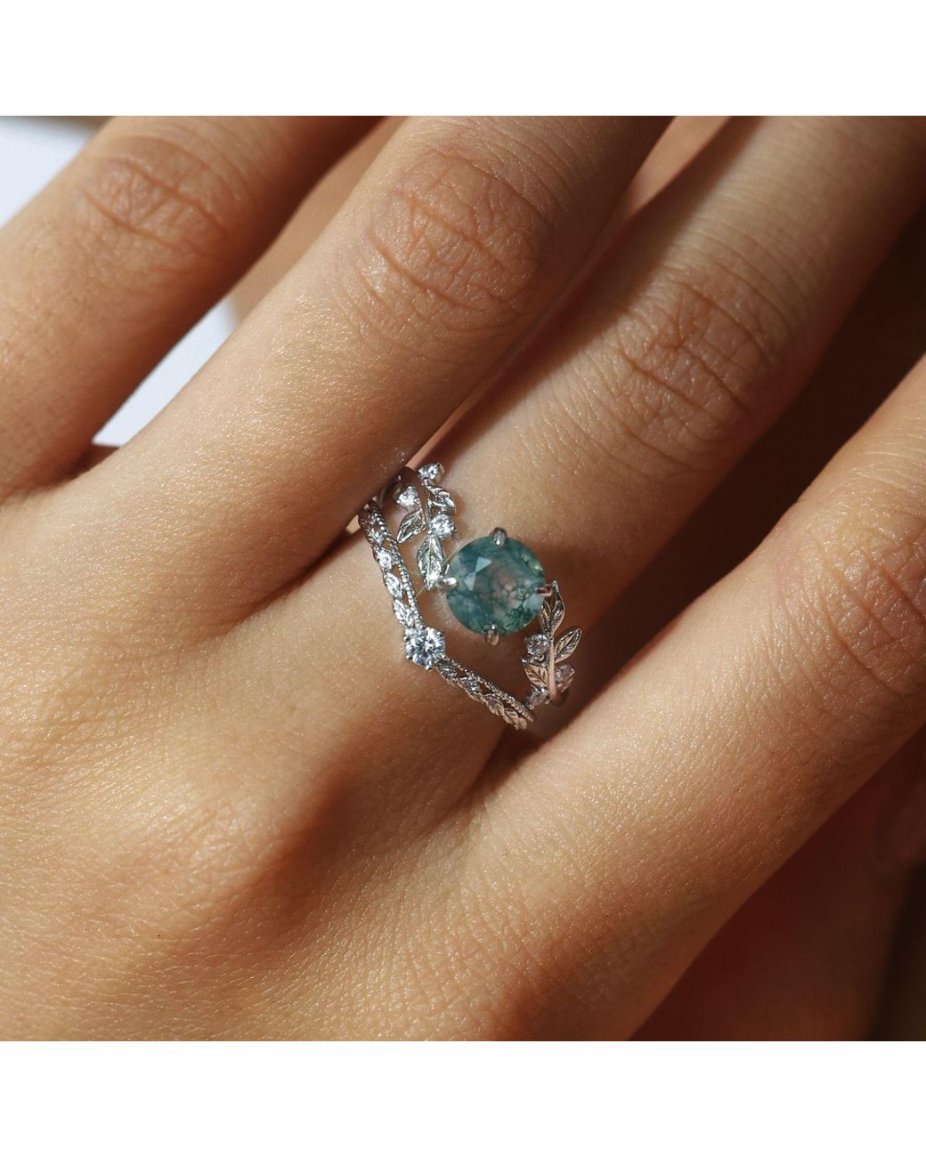Azura Jewelry New York White Between The Leaf Round Moss Agate Ring Vermeil