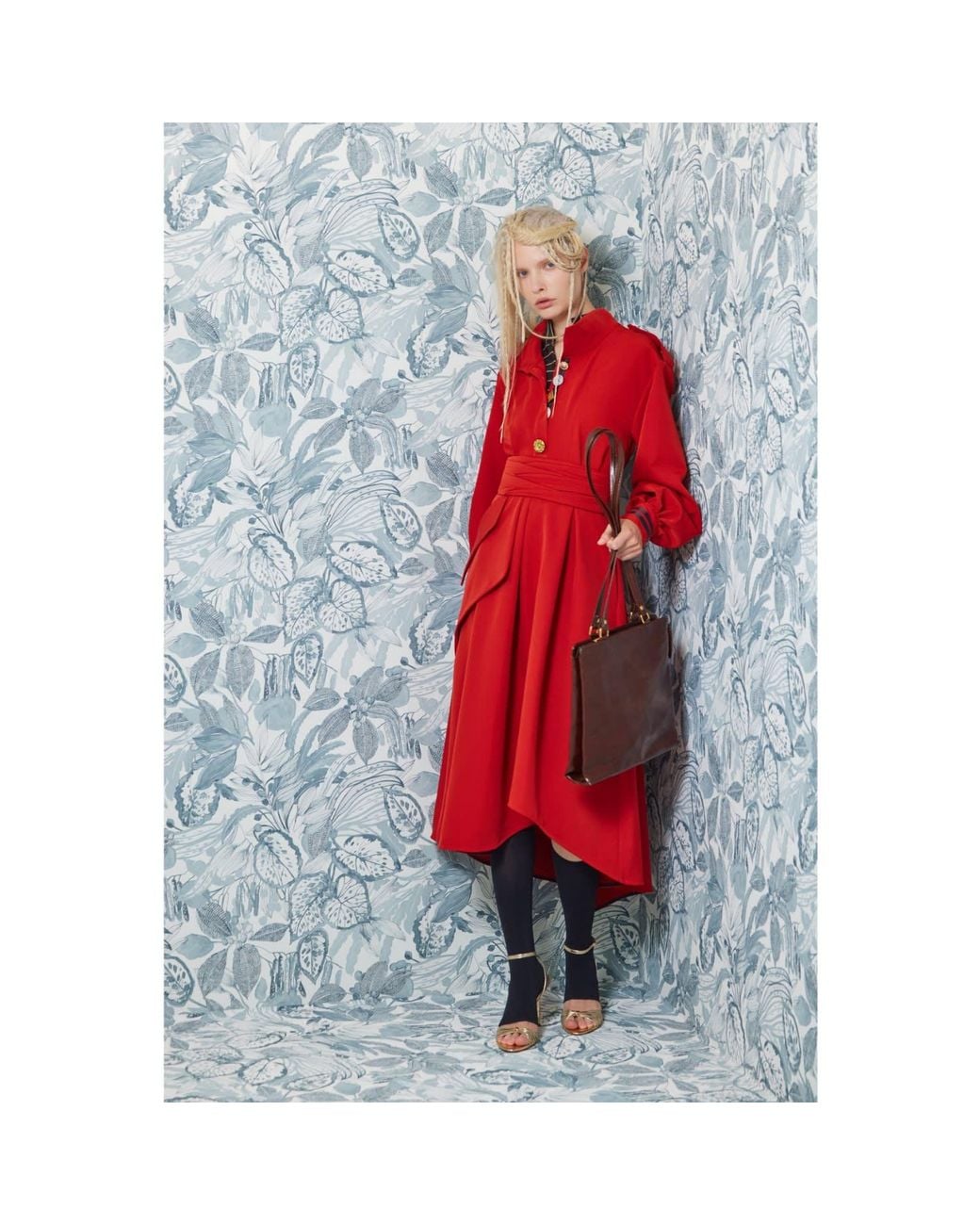 Julia Allert Red Double-Collar Belted A-Line Midi Dress –