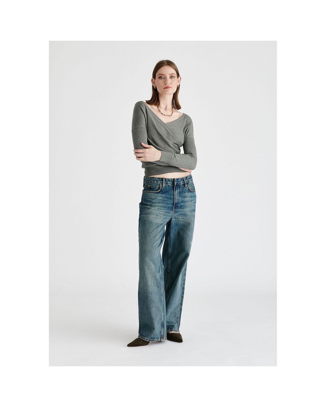 Paisie Gray Knitted Wrap Top With Long Sleeves
