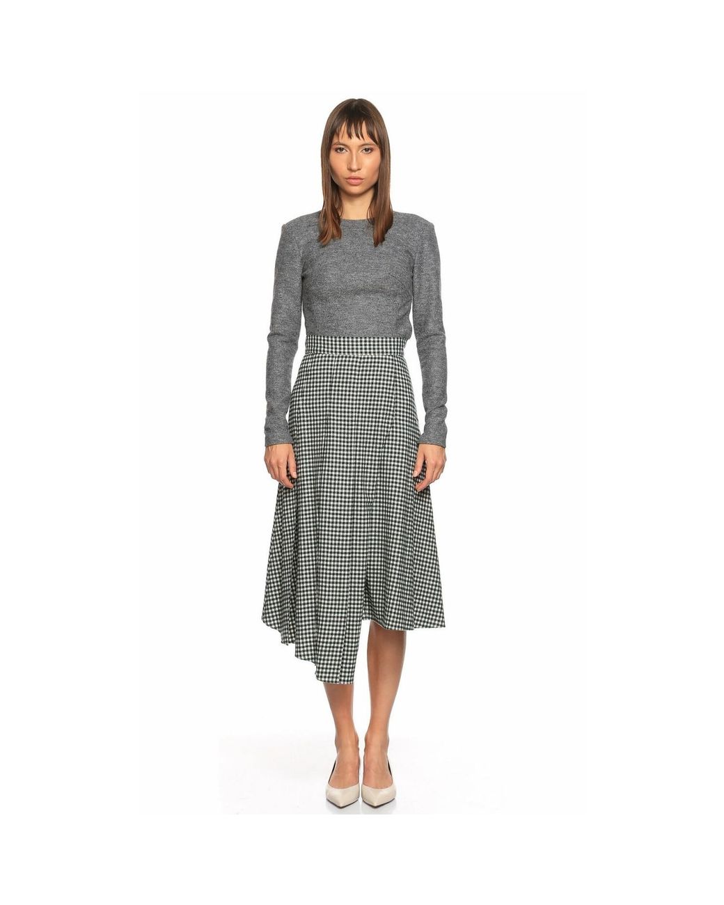 NAZLI CEREN Gray Eliza Plaid Asymmetric Skirt