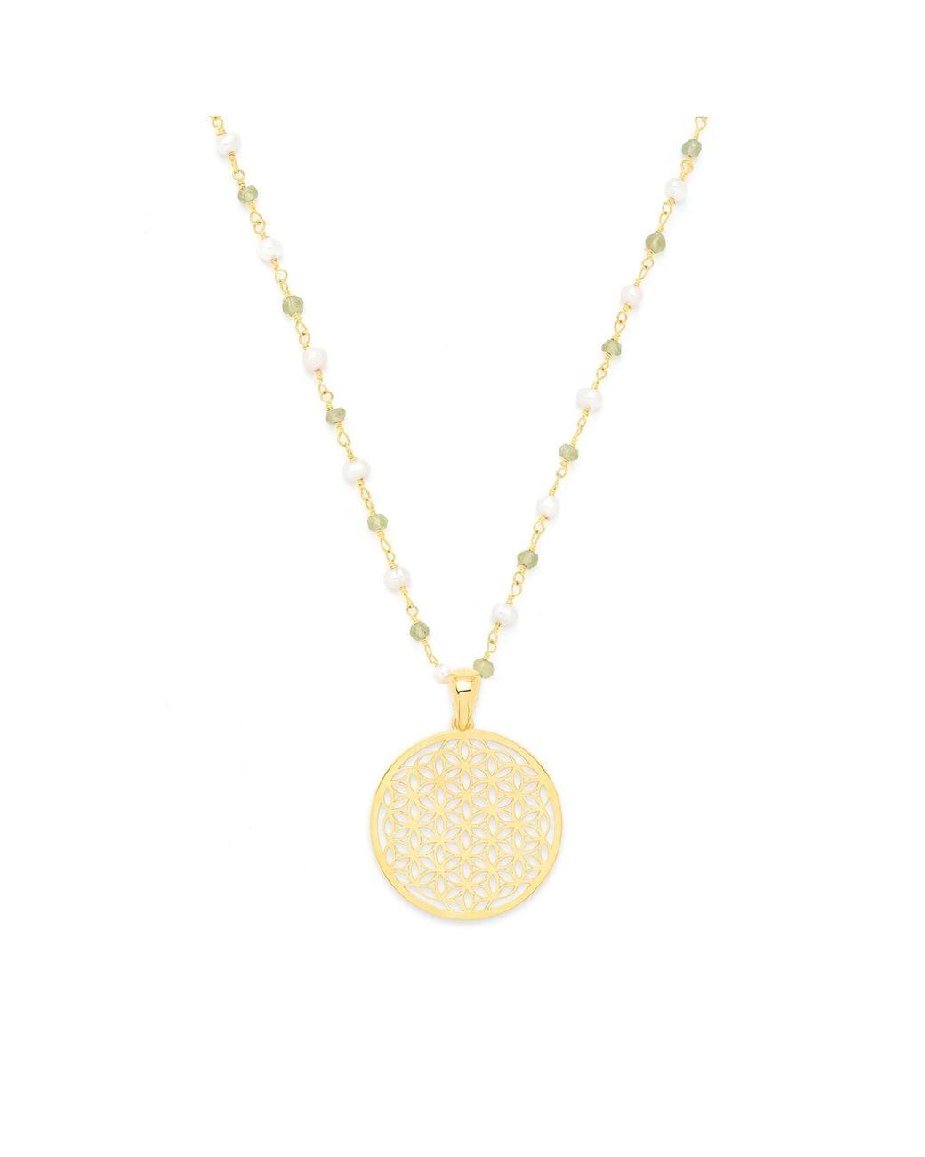 Seven Saints Metallic Divine Life Force Flower Of Life Necklace, Pearl And Peridot