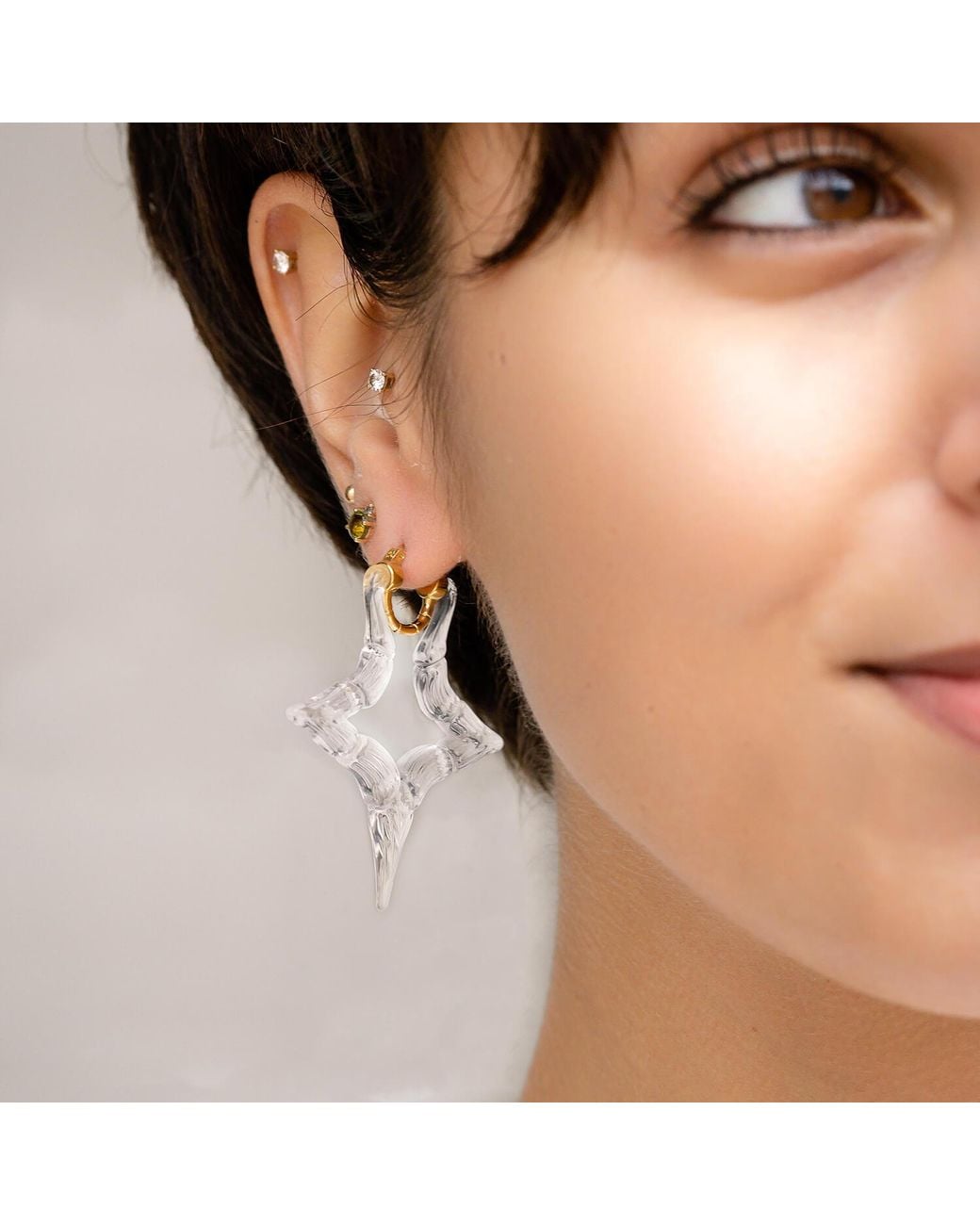 Gold & Honey Metallic Clear Bamboo Star Hoop Earring