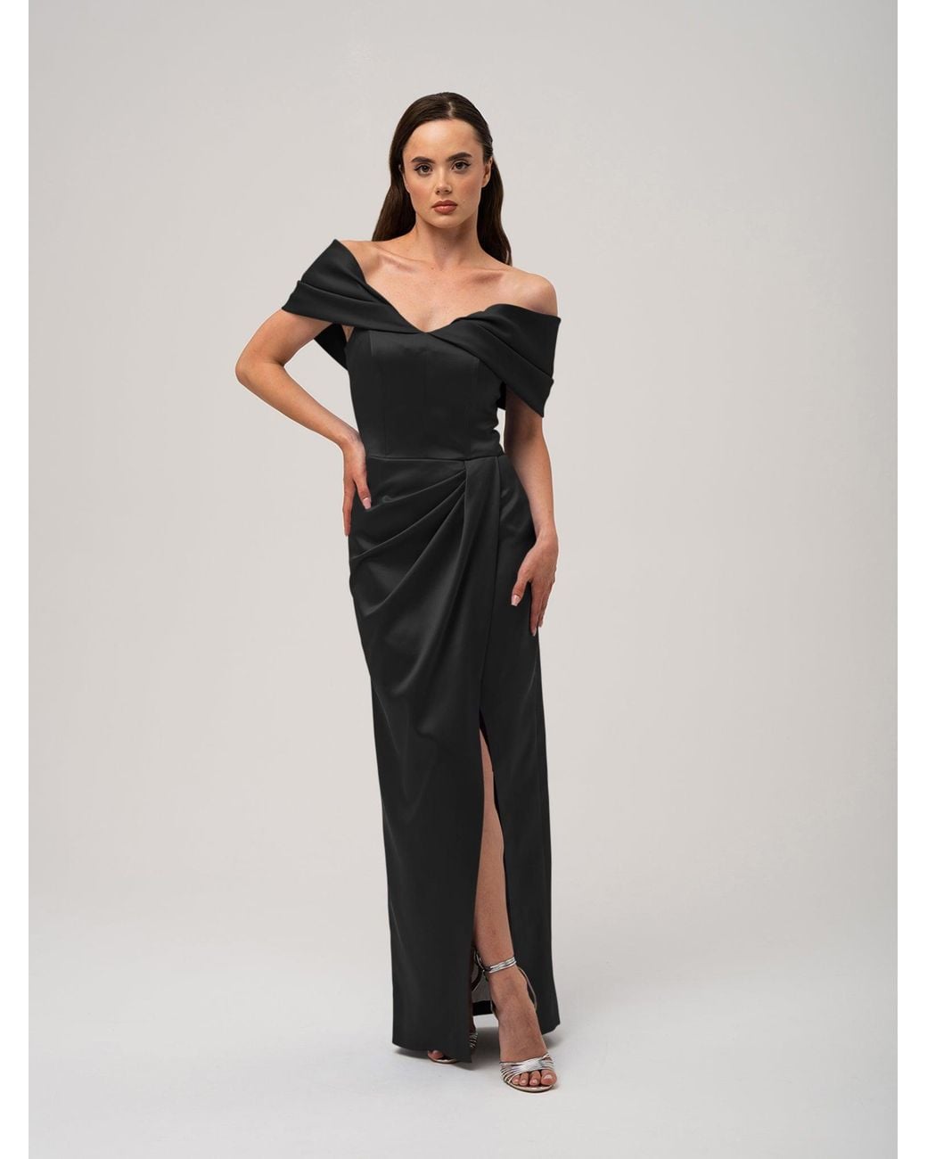 Tia Dorraine Black Heavenly Kissed Draped Satin Maxi Dress
