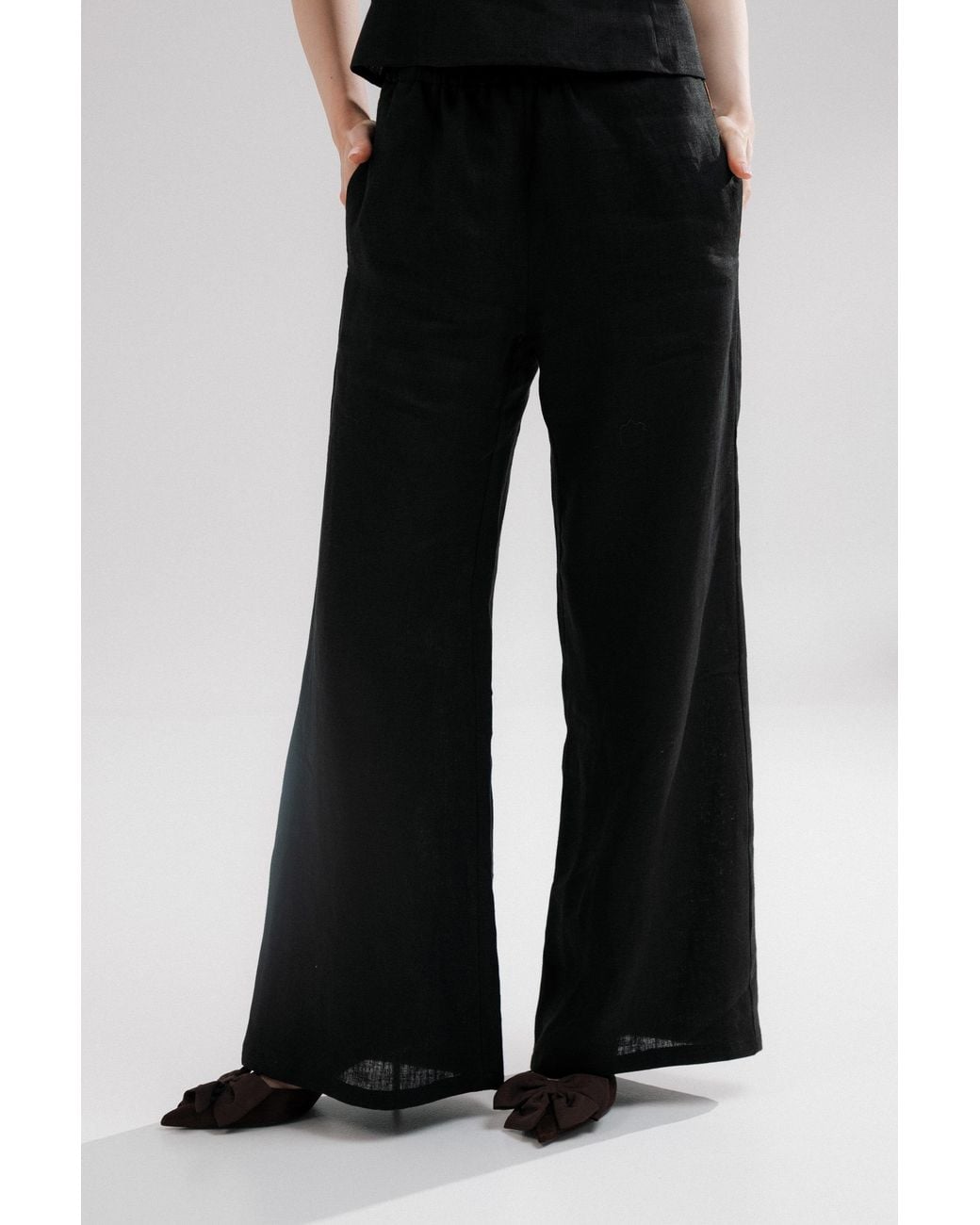 Idyllo White Linen Wide Trousers Pants With Pockets