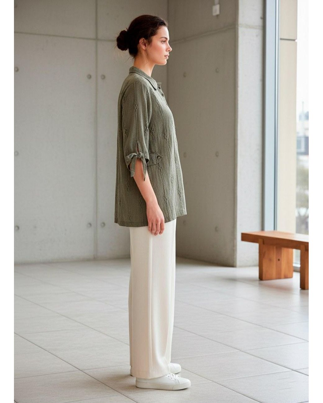 Conquista Green Textured Tunic Shirt With Tie Sleeves