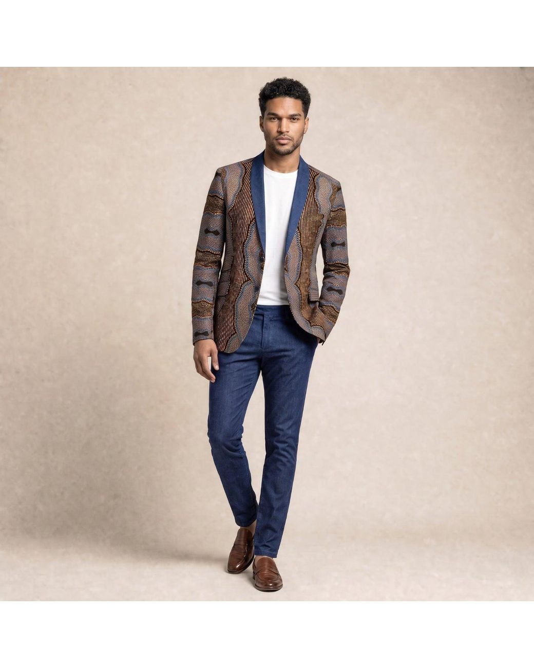 Ohema Ohene Blue Denim Shawl Collar African Print Blazer for men