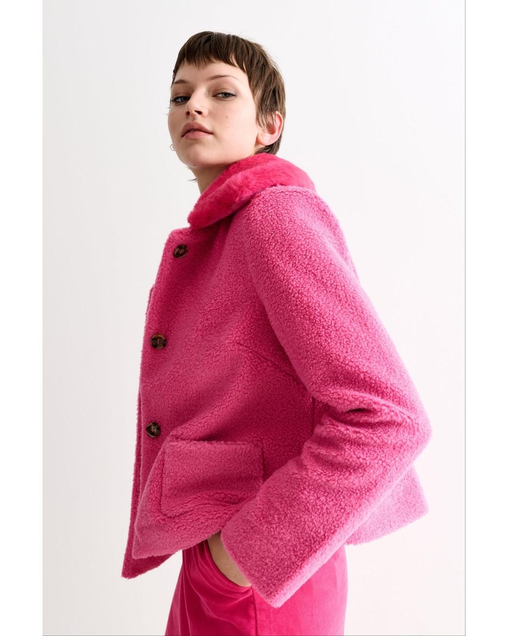 Louche Pink Apple Borg Faux Fur Collar Cropped Jacket –