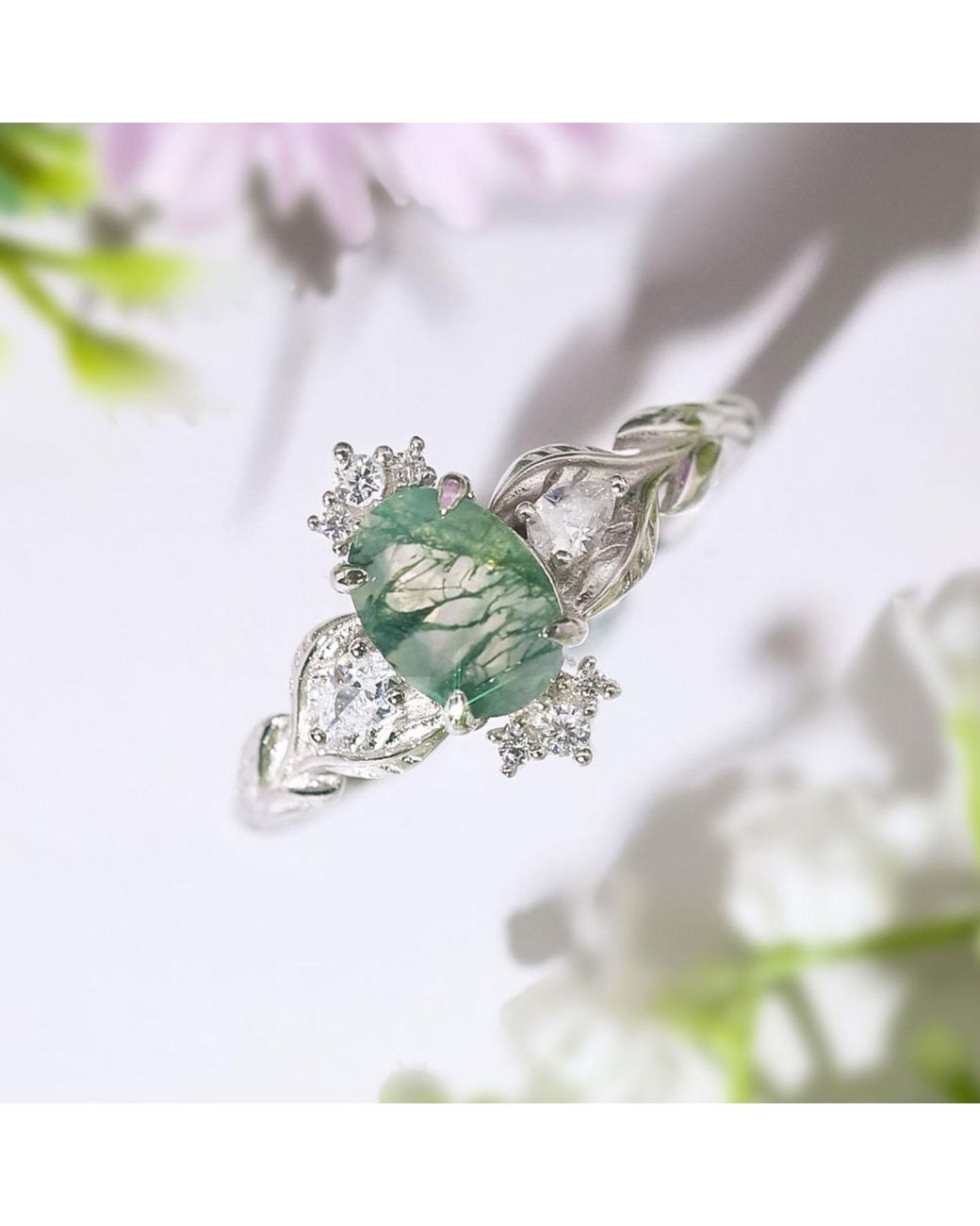 Azura Jewelry New York Green Leaf Moss Agate Ring Vermeil