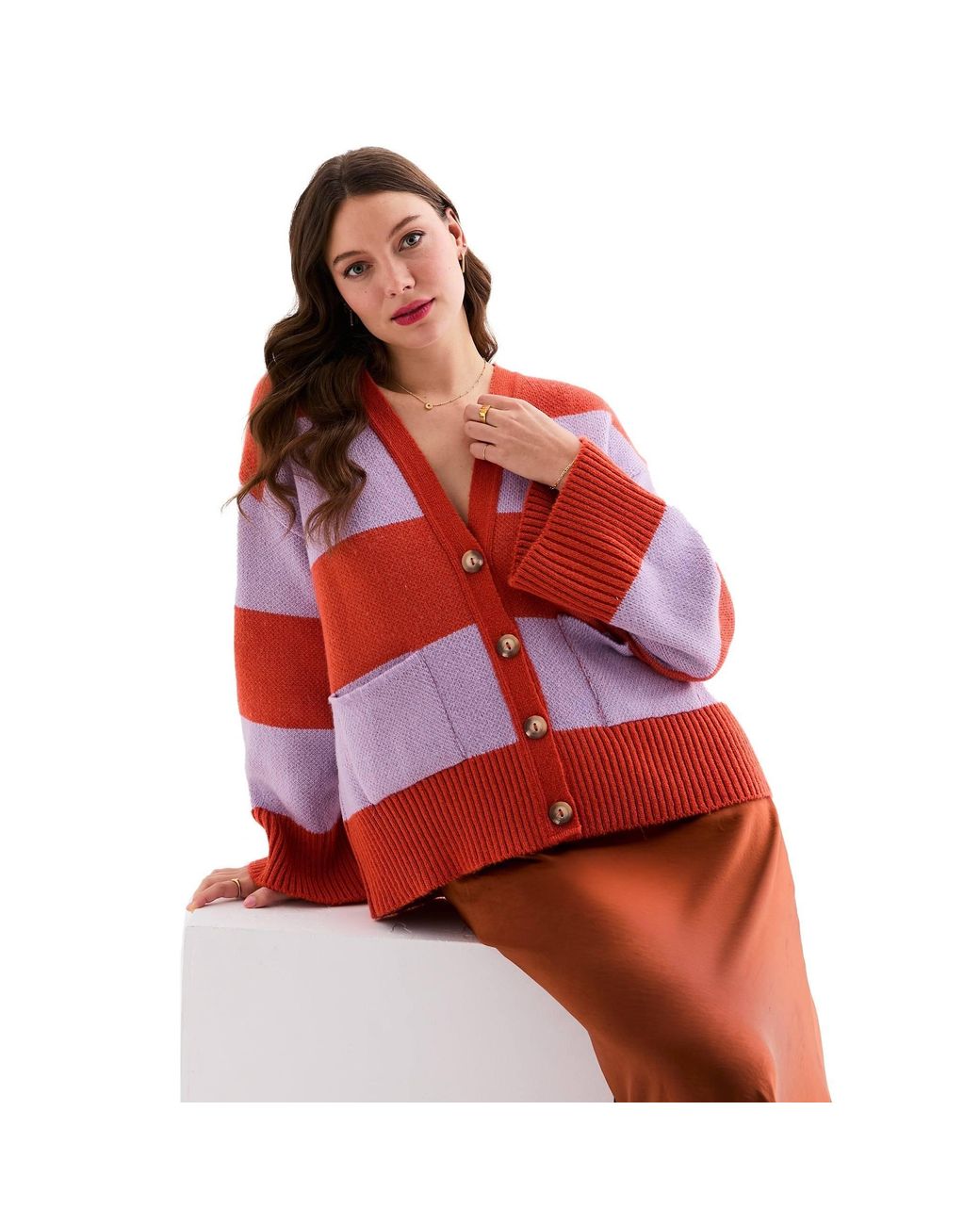 Cara & The Sky Red Candice Chunky Stripe V Neck Button Cardigan