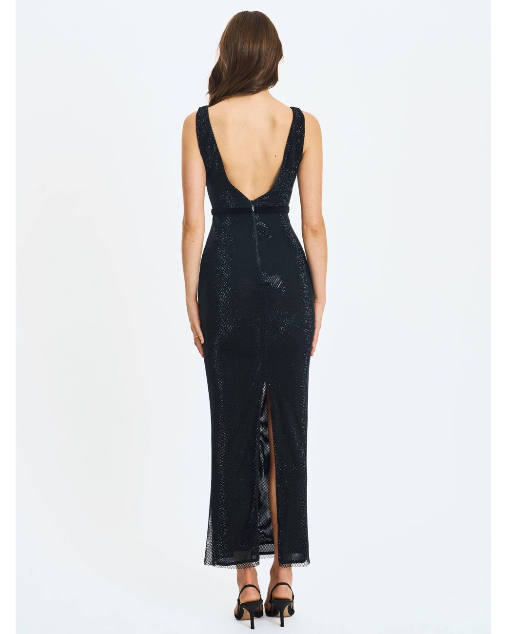 Miss Circle New York Black Olympia Belted Bow Plunging Rhinestone Maxi Dress