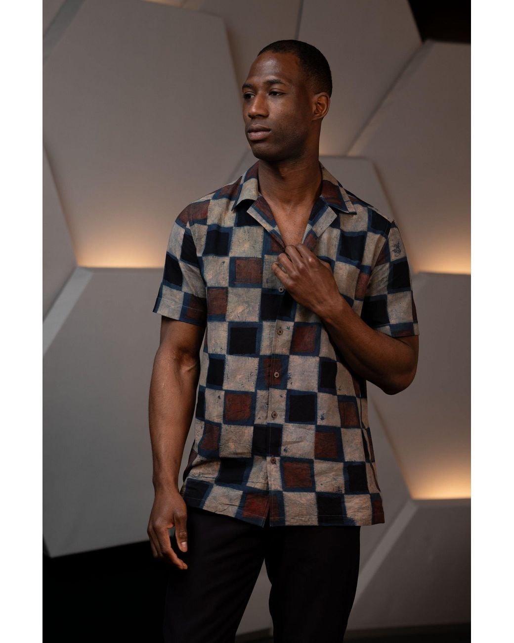 Stovaria Black Camp Collar Half Sleeve Organic Cotton Shirt With Natural Dye Handblock Squares for men