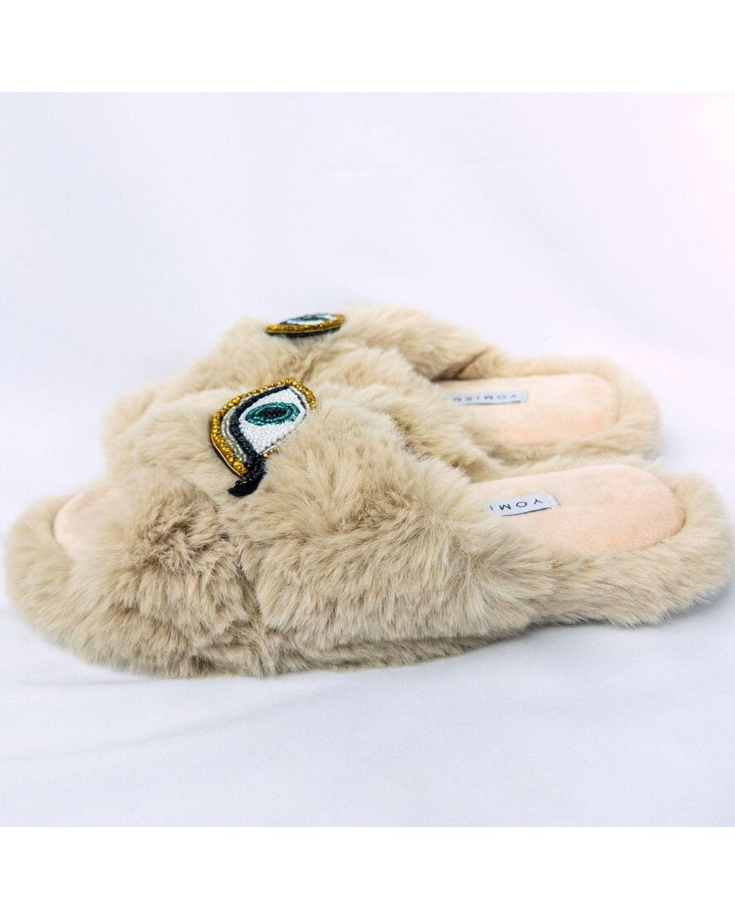 Yomisma Natural Neutrals Eco Faux Fur Slippers – Recycled Faux Fur + Evil Eye Embellishment