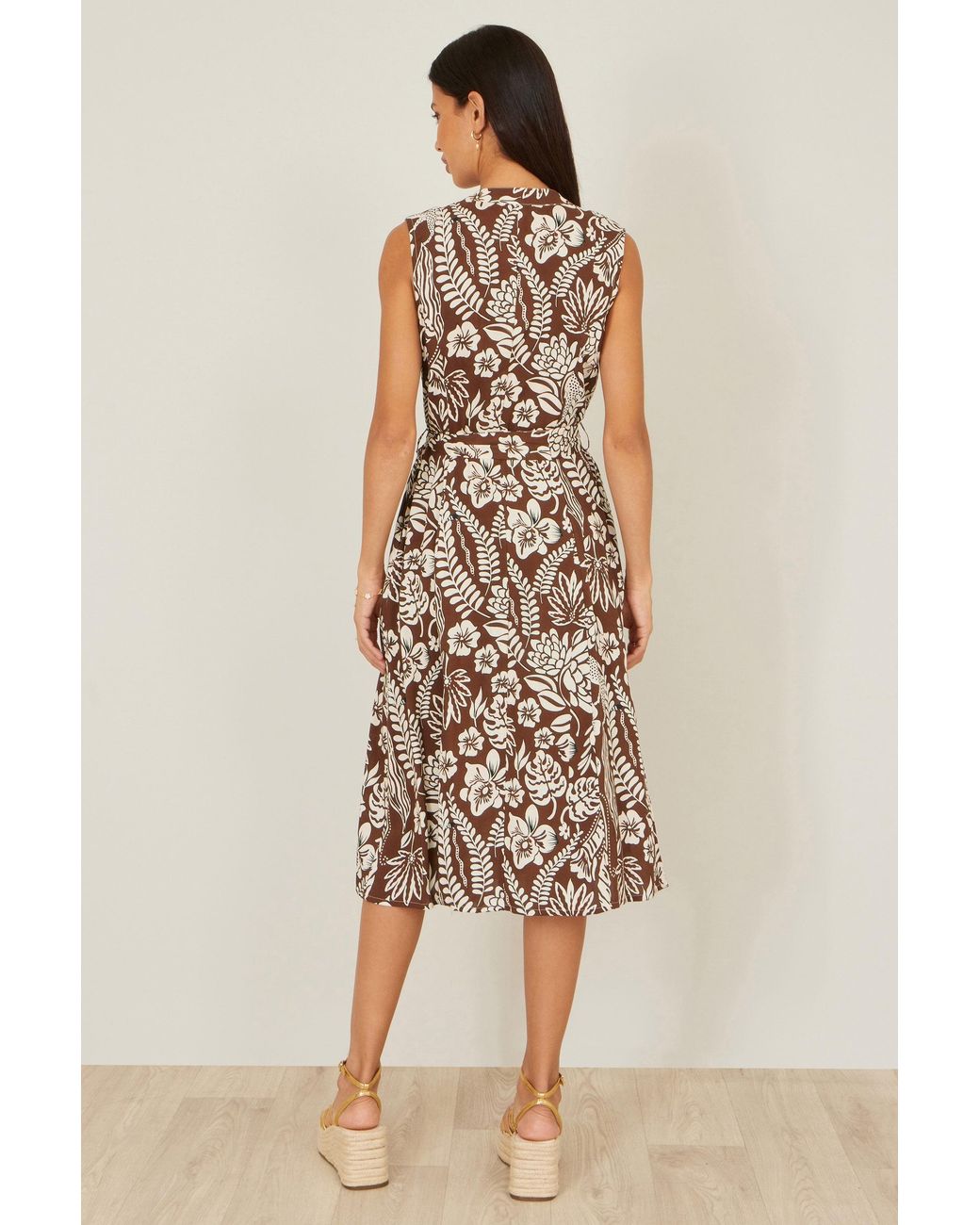 Yumi' Brown Leaf Print Shirt Dress