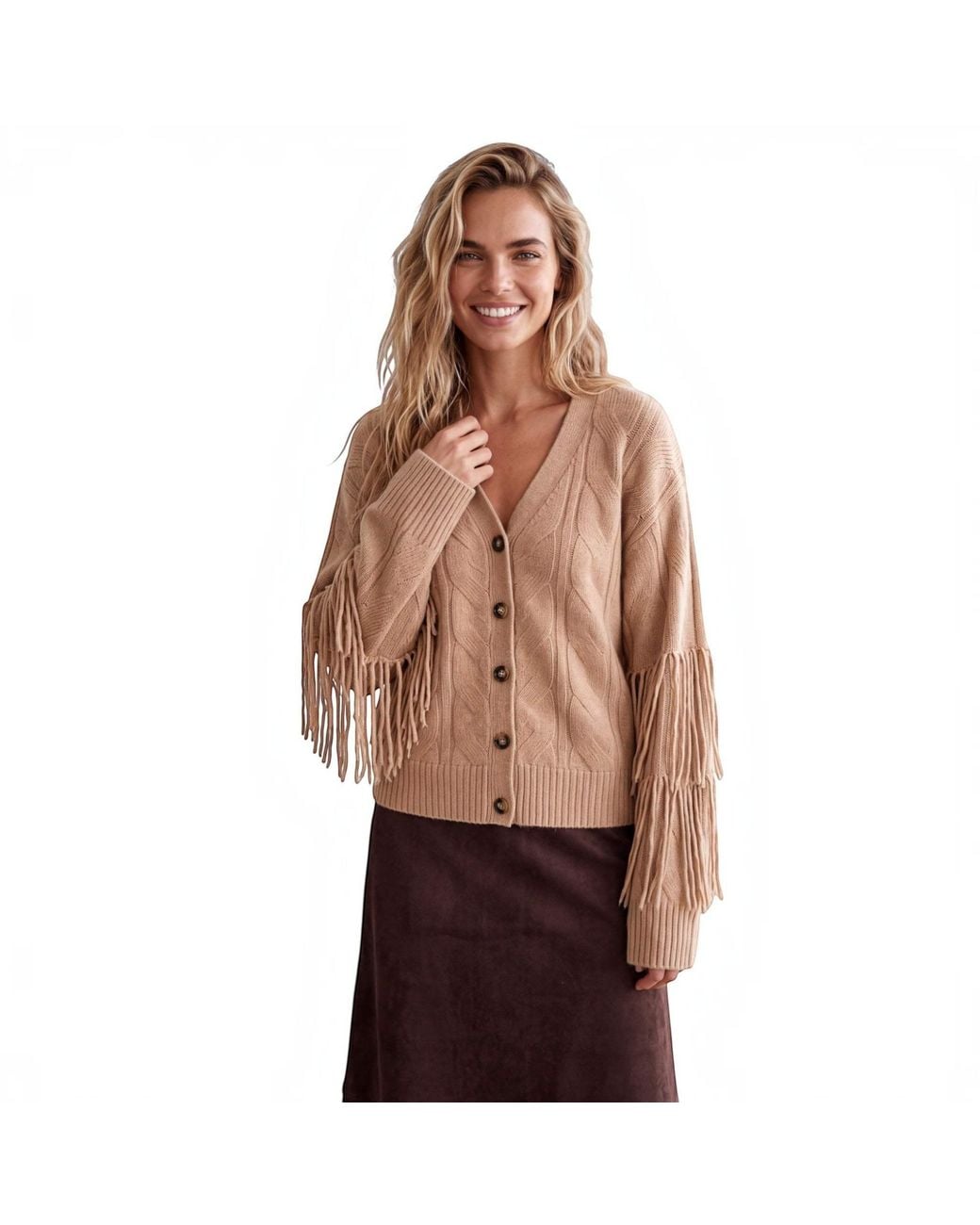 Brodie Cashmere Natural Neutrals Cable Fringe Cardi