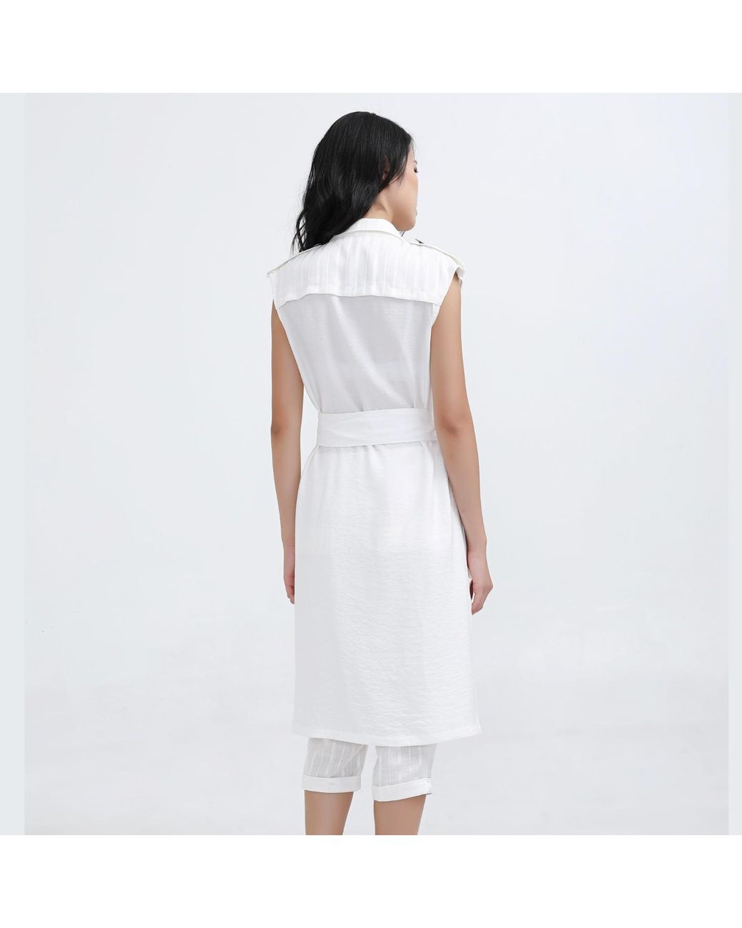 Smart and Joy White Long Bi-Material Tailored Waistcoat