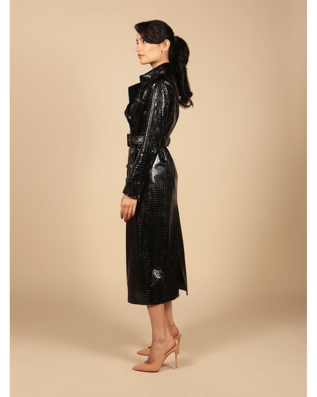 Santinni Black Indiscreet Embossed Leather Trench Coat