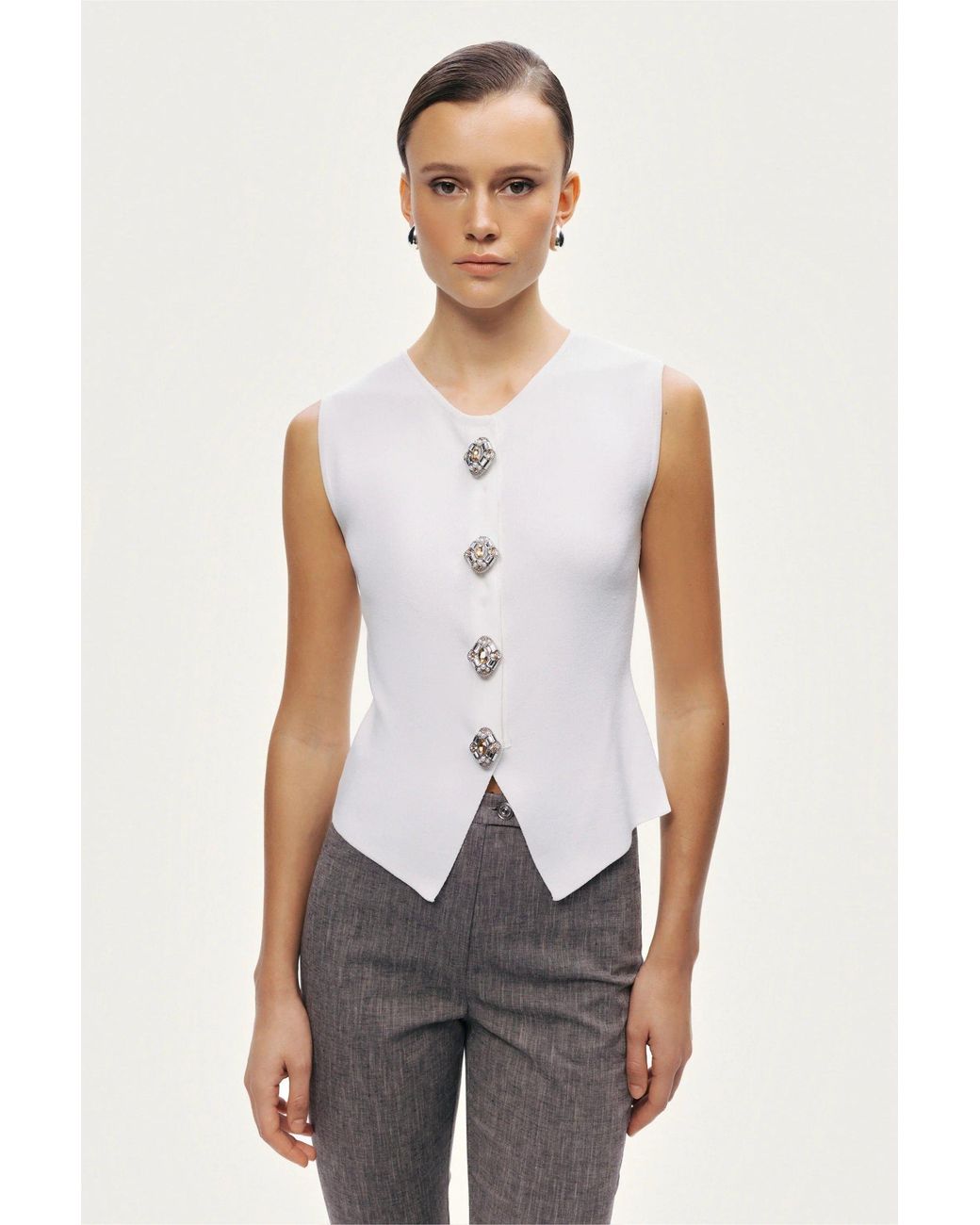 Nocturne Gray Ivory Embellished Sleeveless Knit Top