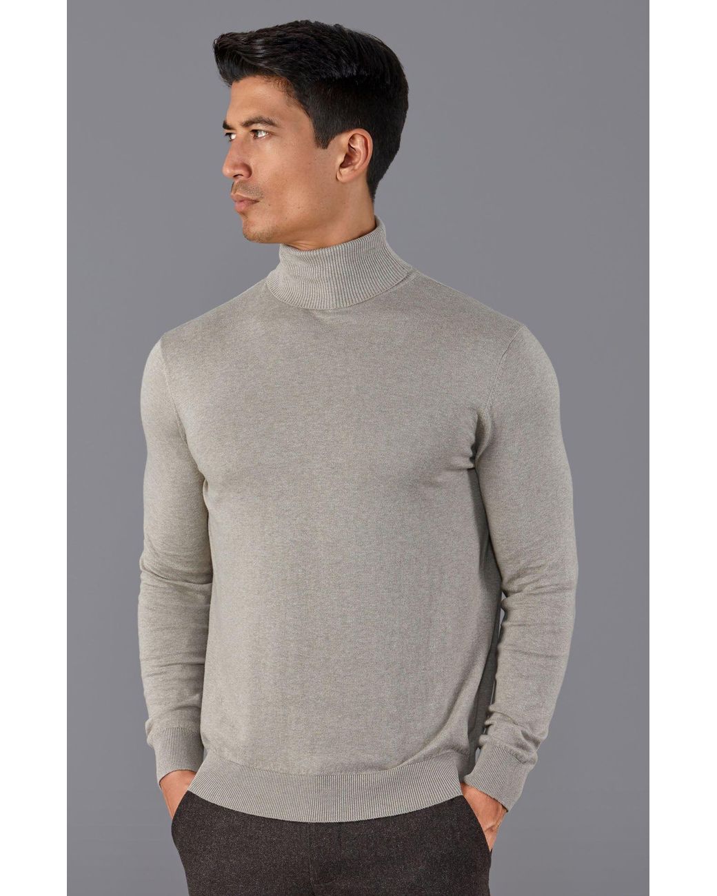 Paul James Knitwear Gray Neutrals Ultra Fine Cotton Atwod Roll Neck Jumper for men