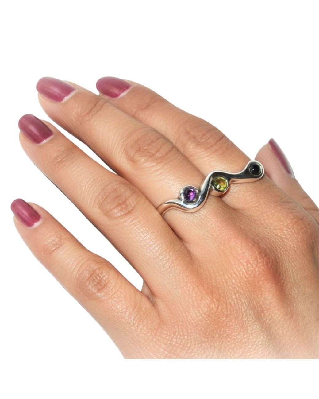 Tg-Jewellery by Tamara Gervasio Black Snake Sterling Adjustable Ring Multicolour Cabochons